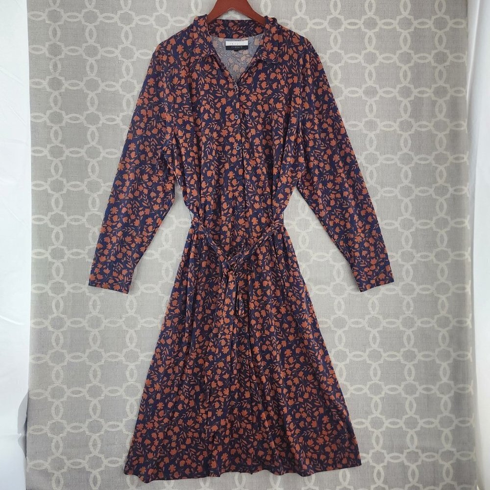 ELOQUII Elements V Neck Button Up Long Sleeve Floral Print Tied Shirt Dress 24